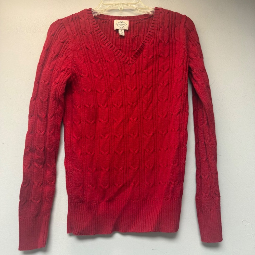 St Johns Bay Sweater Womens Small Red Excellent V-Neck Cable Knit Cotton Blend